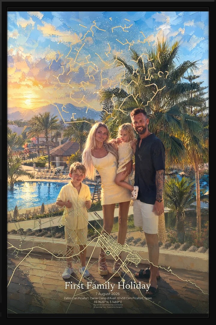 First Family Holiday: a family of four in Mapia Signature, framed with their star chart and Majorca map